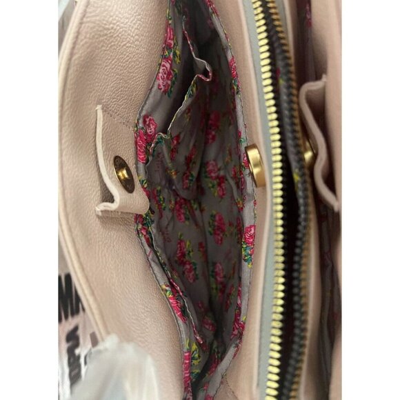 Betsey Johnson Pink Textured Zip Top Contrast Floral Dual Handle Satchel Handbag - Picture 7 of 8